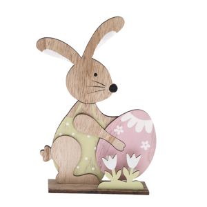 Drevená dekorácia Veľkonočný zajačik s vajíčkom, 15,5 x 23 cm