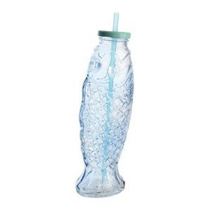 Sklenená fľaša so slamkou Fish tyrkysová, 25,5 cm